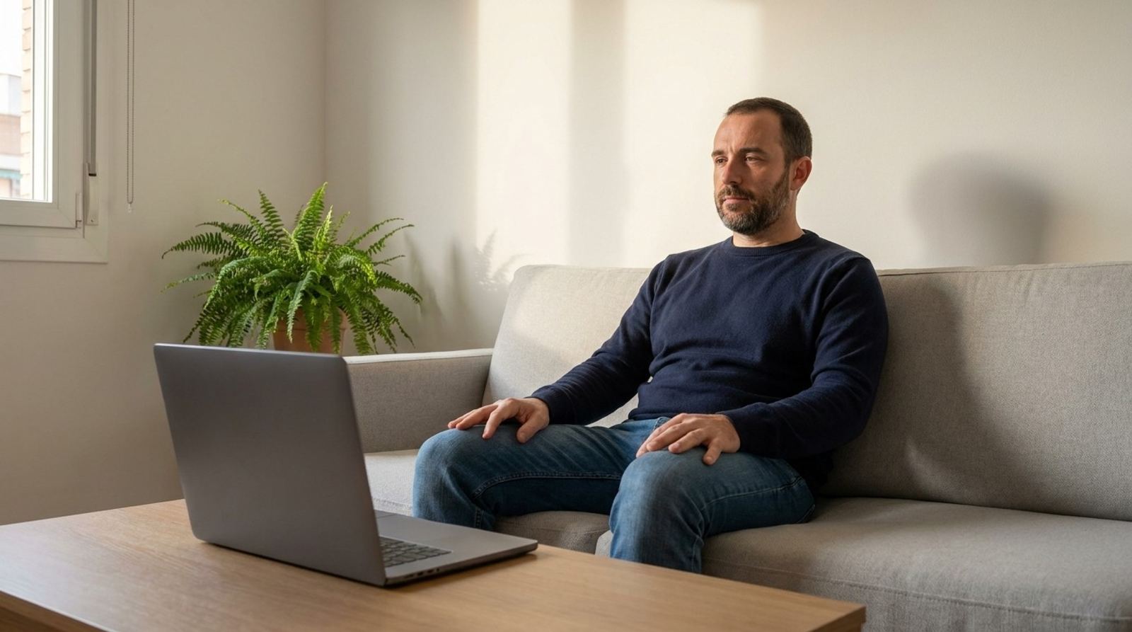 Un homme pensif assis sur son canapé, devant un ordinateur portable ouvert sur la table basse.