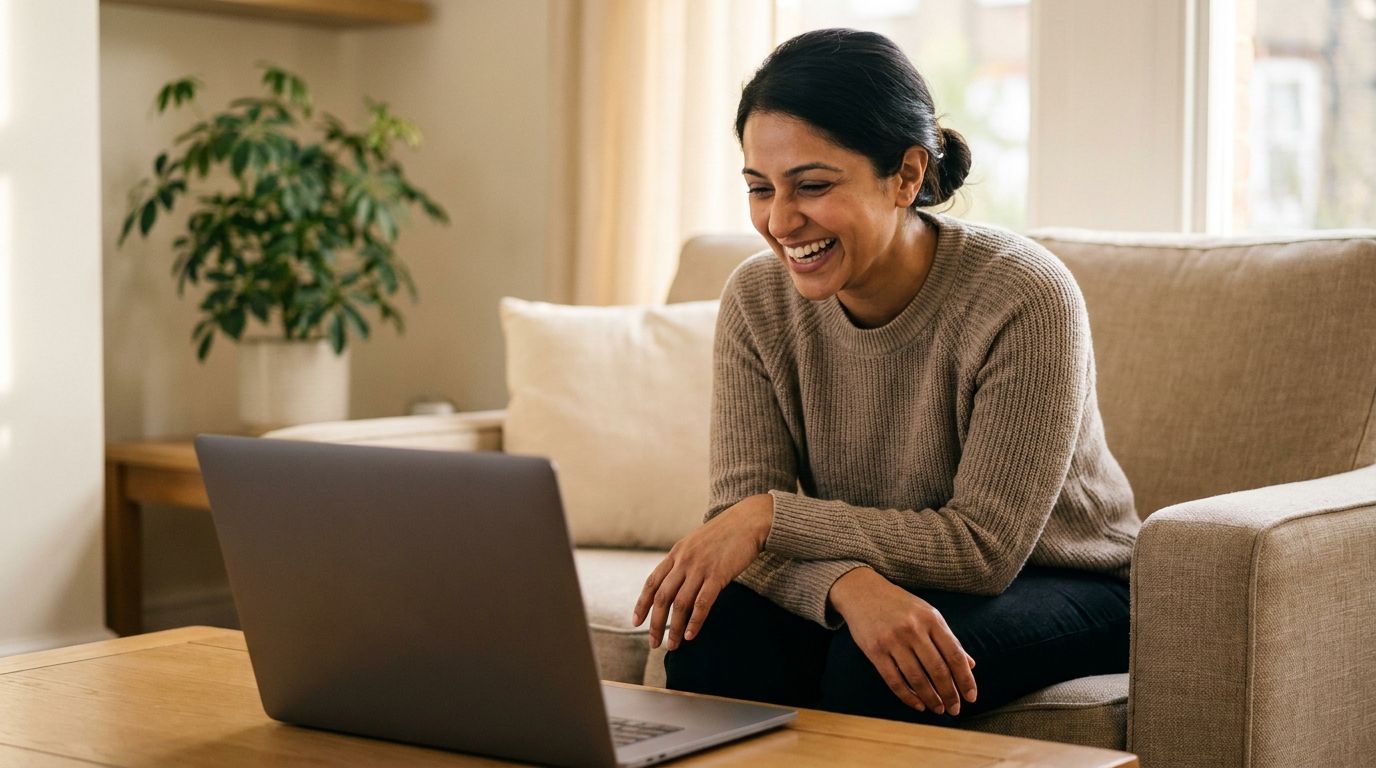 A woman laughing during a video call from her living room, the laptop on the coffee table.