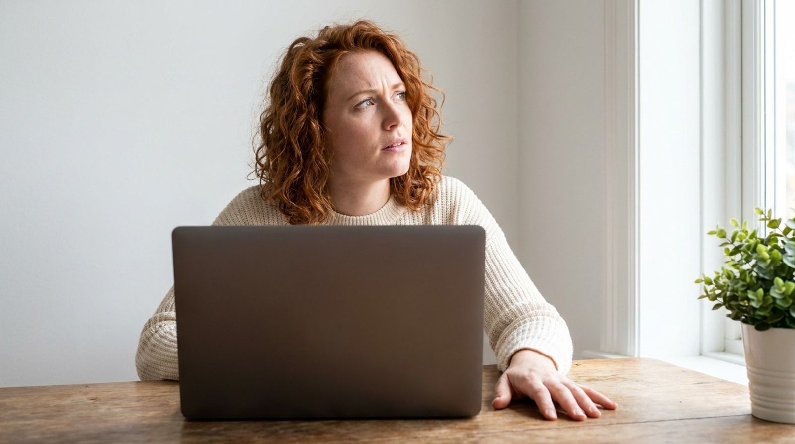 A red-haired woman searching for her words in front of her laptop, near the window.