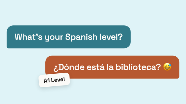 A chat exchange: one bubble asks "What's your Spanish level?", the reply is "¿Dónde está la biblioteca?" with a nervous smile, and a sticker on that reply labels it A1 Level.