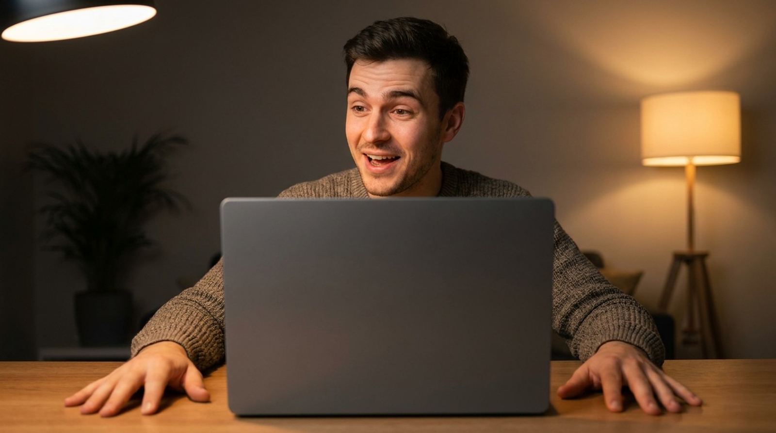 Un jeune homme en pleine conversation vidéo le soir, les mains posées de chaque côté de son ordinateur portable.