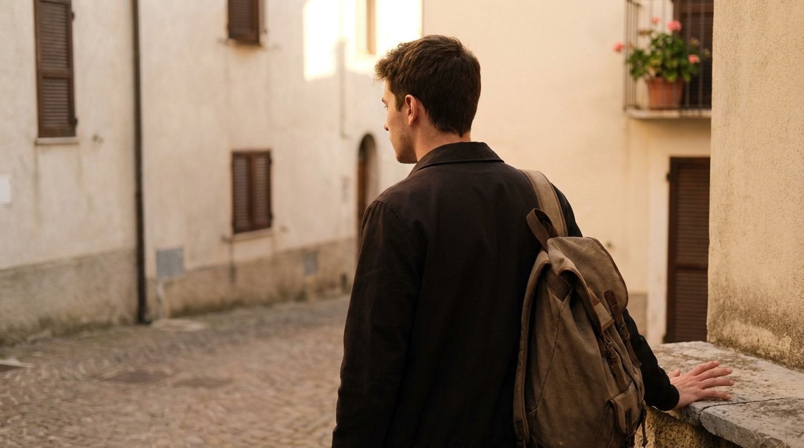 Un voyageur au sac à dos observe une ruelle pavée au soleil couchant, la main posée sur un muret en pierre.