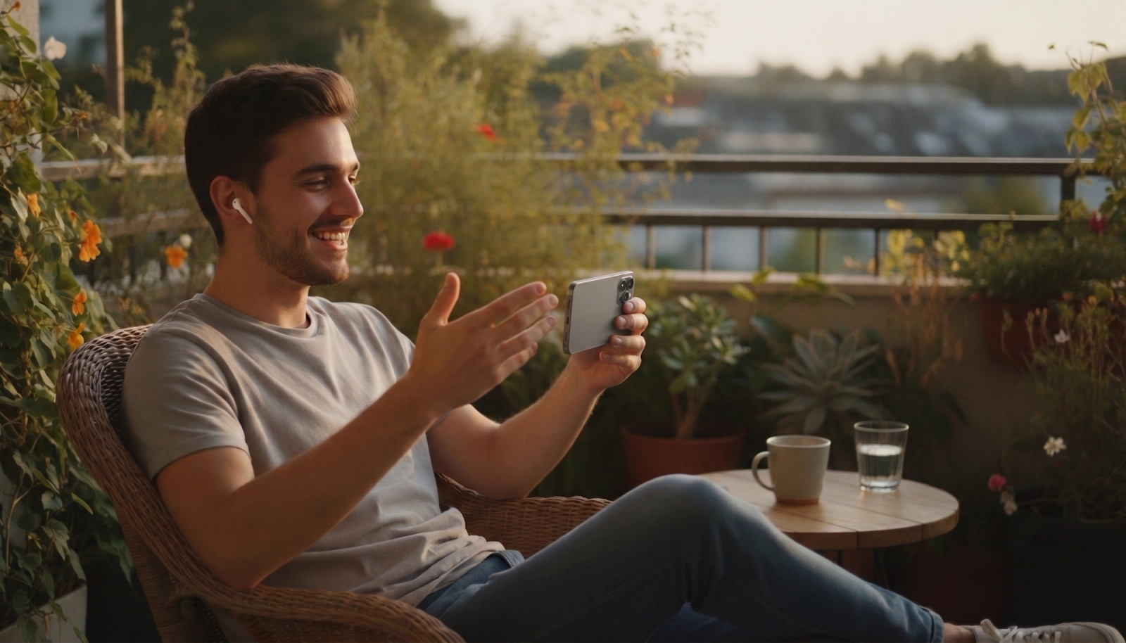 Un homme souriant sur son balcon au soleil couchant, en appel vidéo sur son téléphone, la main levée en parlant.