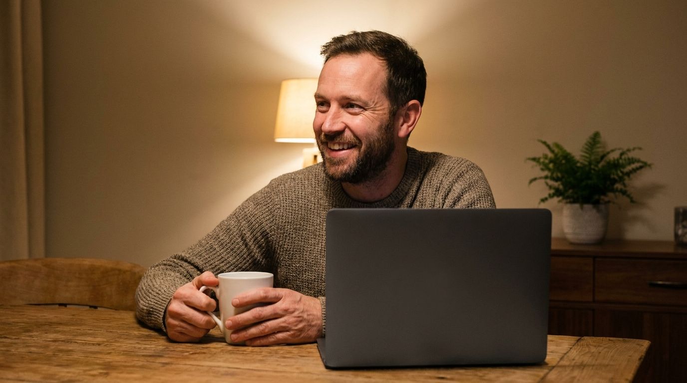 A man smiling during an evening video call, a mug in his hand.