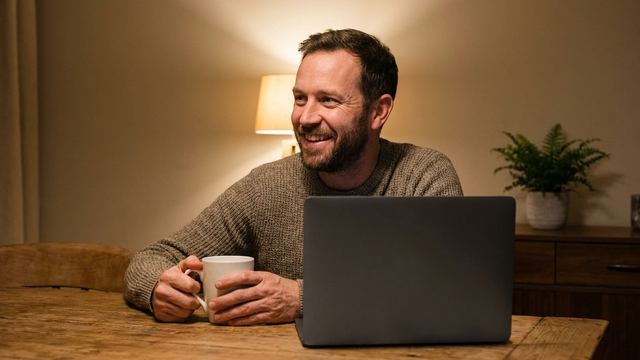 A man smiling during an evening video call, a mug in his hand.