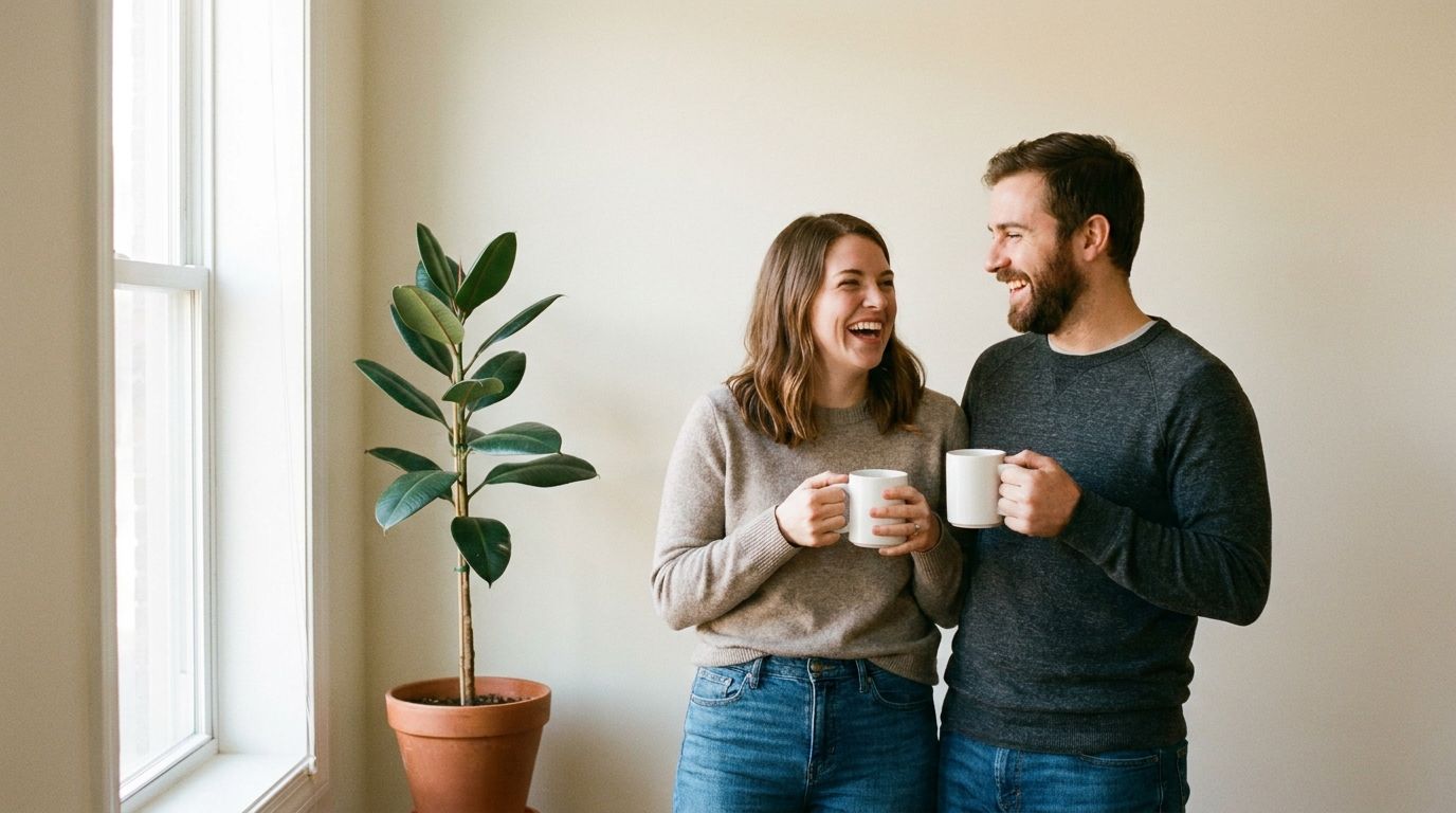 Une femme et un homme, une tasse de café à la main, rient ensemble près d'une fenêtre.