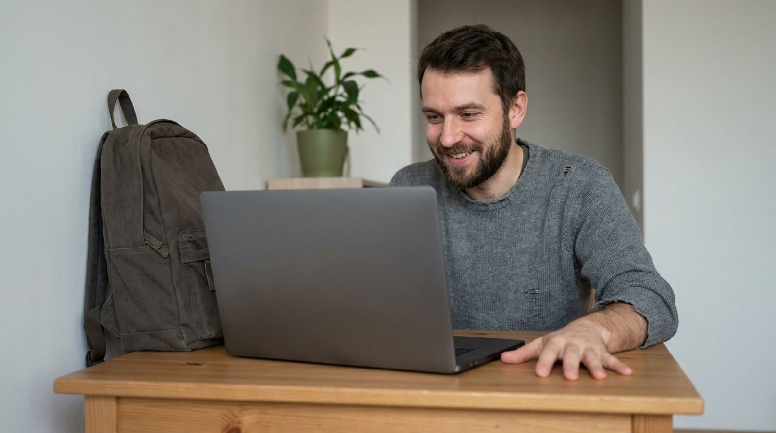 Un homme souriant devant son ordinateur portable, un sac à dos posé à côté de lui.