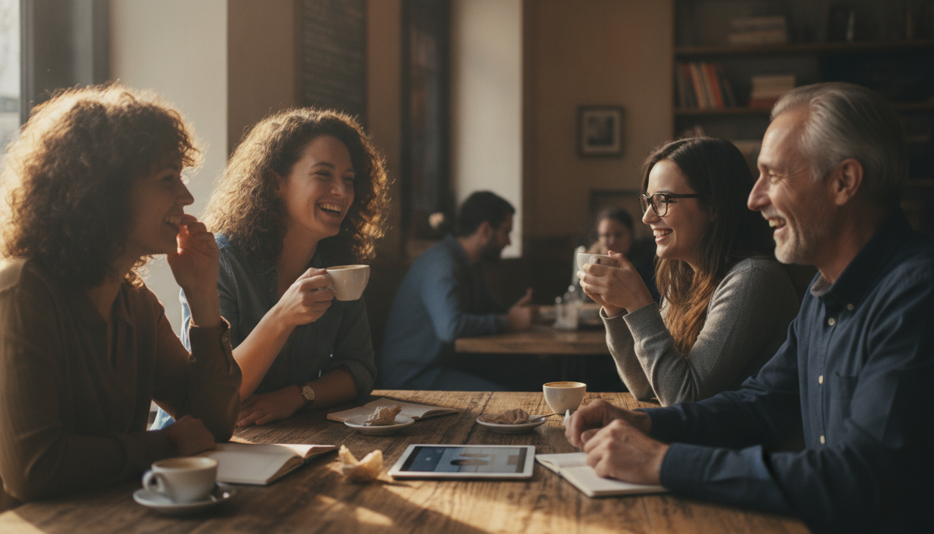 Four people at a table in a sunny café, cups in hand, deep in animated conversation.