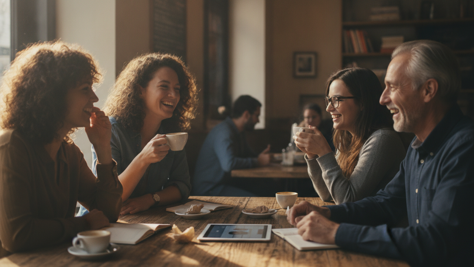 Four people at a table in a sunny café, cups in hand, deep in animated conversation.