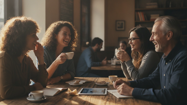 Four people at a table in a sunny café, cups in hand, deep in animated conversation.