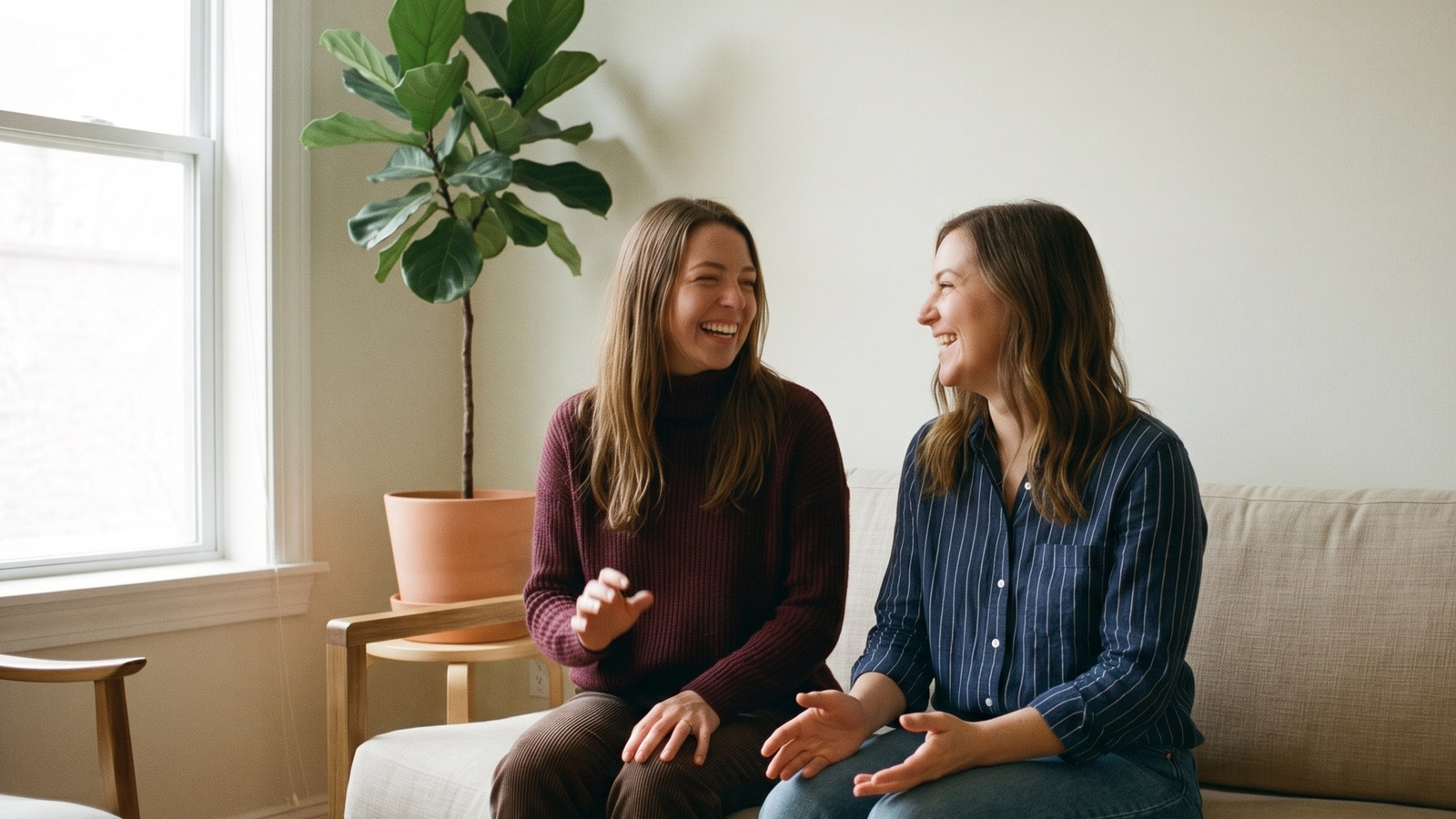 Deux amies assises côte à côte sur un canapé, en train de rire pendant leur conversation.