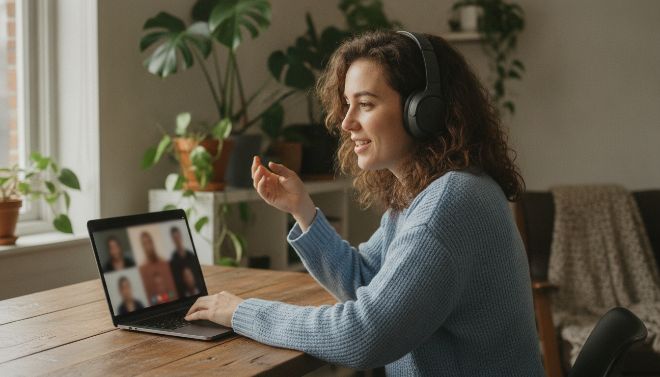 A woman in headphones, sitting at her desk at home, talking and gesturing during a video call on her laptop.