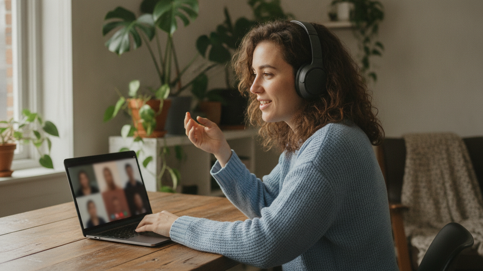 A woman in headphones, sitting at her desk at home, talking and gesturing during a video call on her laptop.