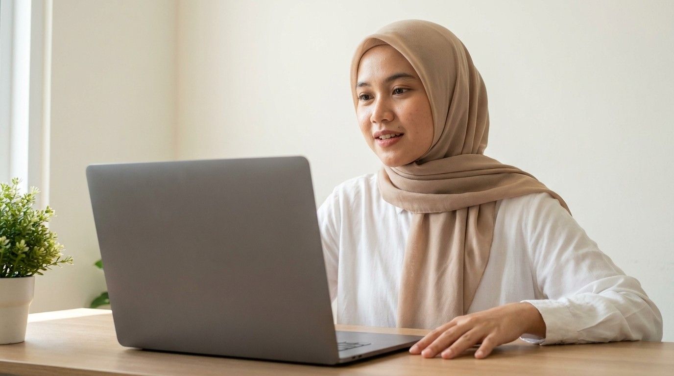 Une jeune femme voilée suit un cours d’espagnol en ligne sur son ordinateur portable, la main posée sur le bureau.