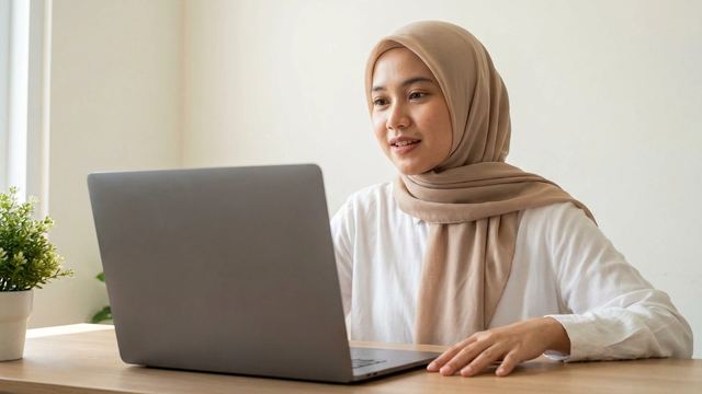 Une jeune femme voilée suit un cours d’espagnol en ligne sur son ordinateur portable, la main posée sur le bureau.