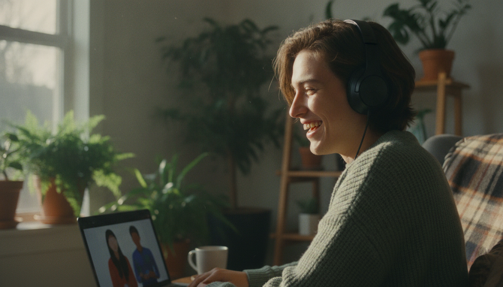A smiling person wearing headphones, mid-conversation on a video call with two partners on their laptop.