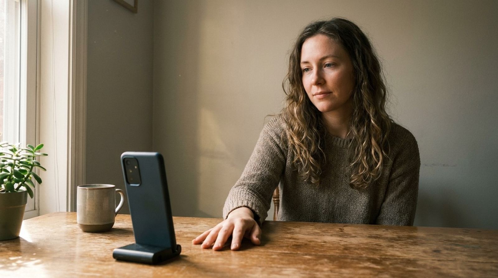A thoughtful young woman in conversation, one hand resting on the table, facing her phone propped on a stand.