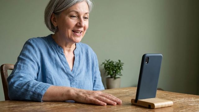Une femme aux cheveux gris sourit en se présentant à son téléphone posé sur un support en bois, la main sur la table.