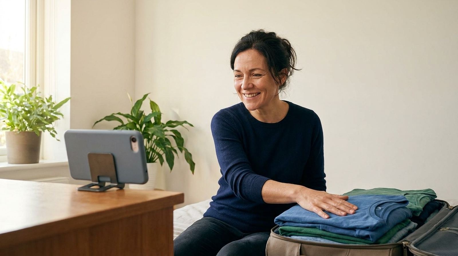 Une femme souriante prépare sa valise sur le lit, la main posée sur ses pulls pliés, en appel avec son téléphone posé sur la commode.