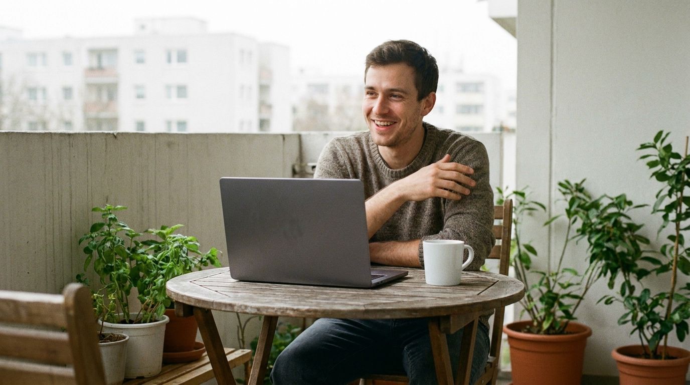 Un homme sourit pendant un appel vidéo sur son balcon, entouré de plantes.