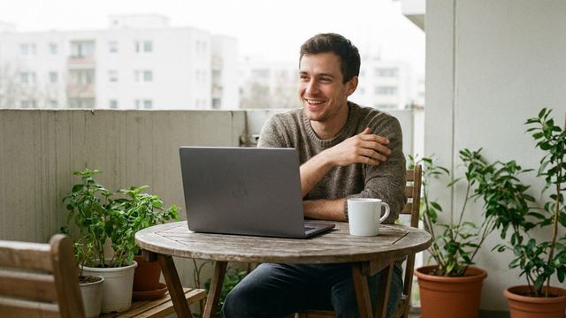 Un homme sourit pendant un appel vidéo sur son balcon, entouré de plantes.