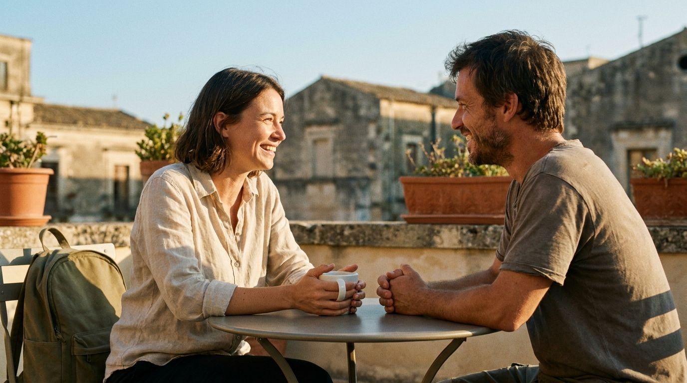 Deux voyageurs attablés en terrasse au soleil, en pleine conversation devant un café.