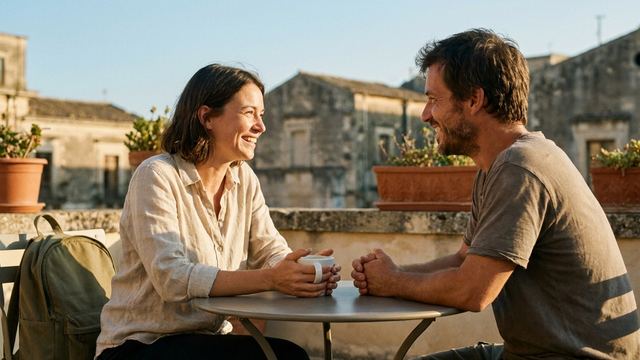 Deux voyageurs attablés en terrasse au soleil, en pleine conversation devant un café.