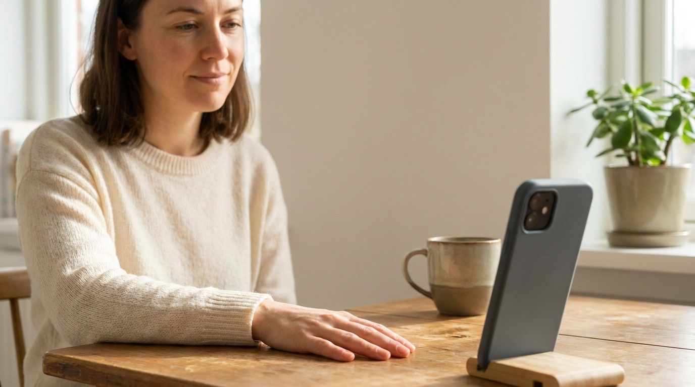 A woman sits thoughtfully at her kitchen table, one hand flat in front of her phone on a wooden stand, as if weighing two options.