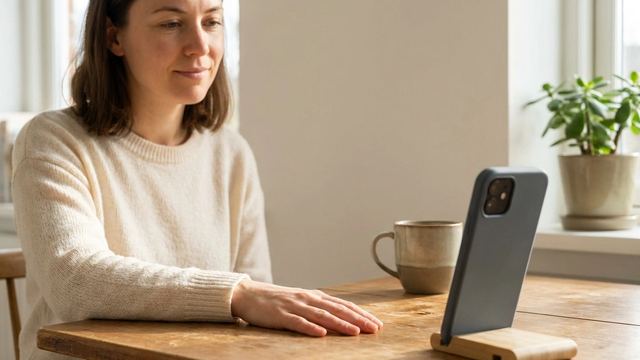 A woman sits thoughtfully at her kitchen table, one hand flat in front of her phone on a wooden stand, as if weighing two options.