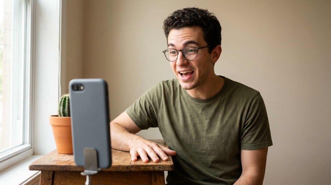 Un jeune homme à lunettes sourit en parlant à son téléphone posé sur un support, la main sur la table, près de la fenêtre.