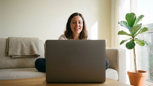 Une femme sourit pendant un appel vidéo, assise dans son salon devant son ordinateur portable.