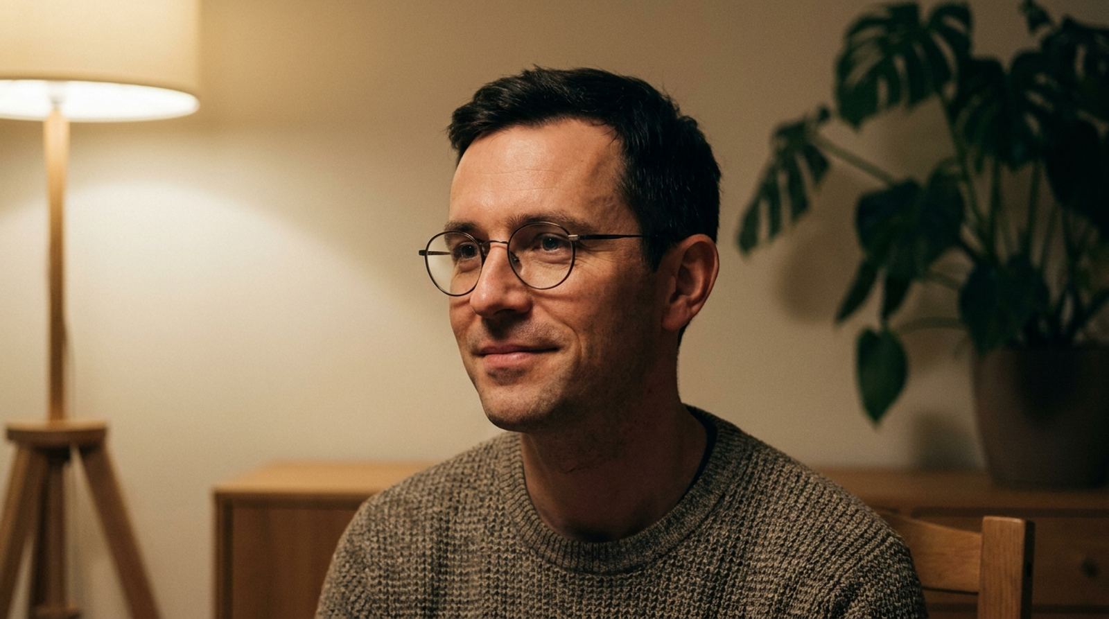 Un homme à lunettes, assis dans son salon en soirée, écoute son interlocuteur en souriant.