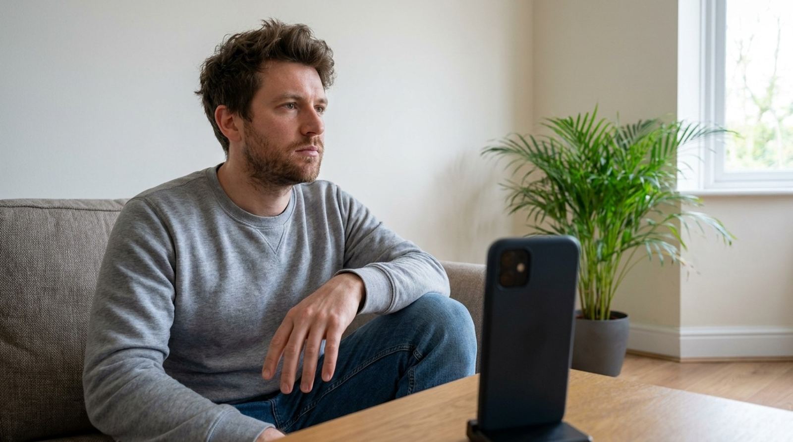 Un homme pensif sur son canapé face à son téléphone dressé sur un support, en train de choisir une plateforme d’échange.