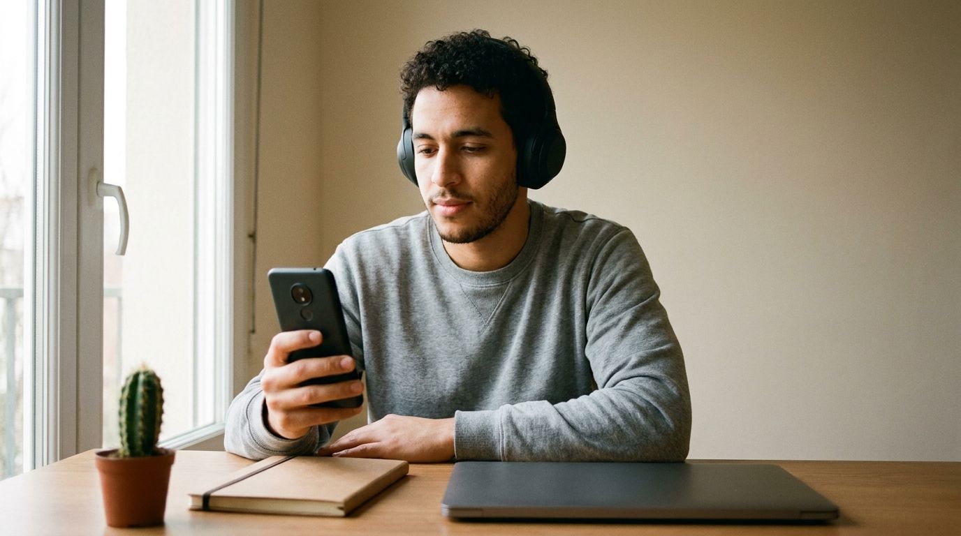 Un jeune homme écoute au casque sur son téléphone, un carnet et un ordinateur fermés posés devant lui.