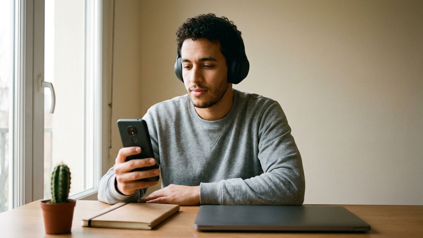 Un jeune homme écoute au casque sur son téléphone, un carnet et un ordinateur fermés posés devant lui.