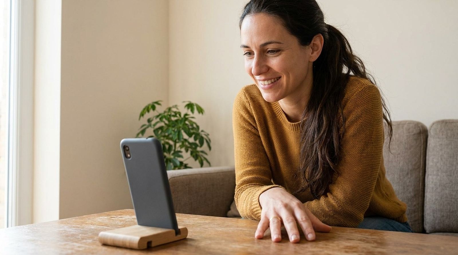 A young woman in a mustard jumper smiling as she talks to her phone propped in front of her.