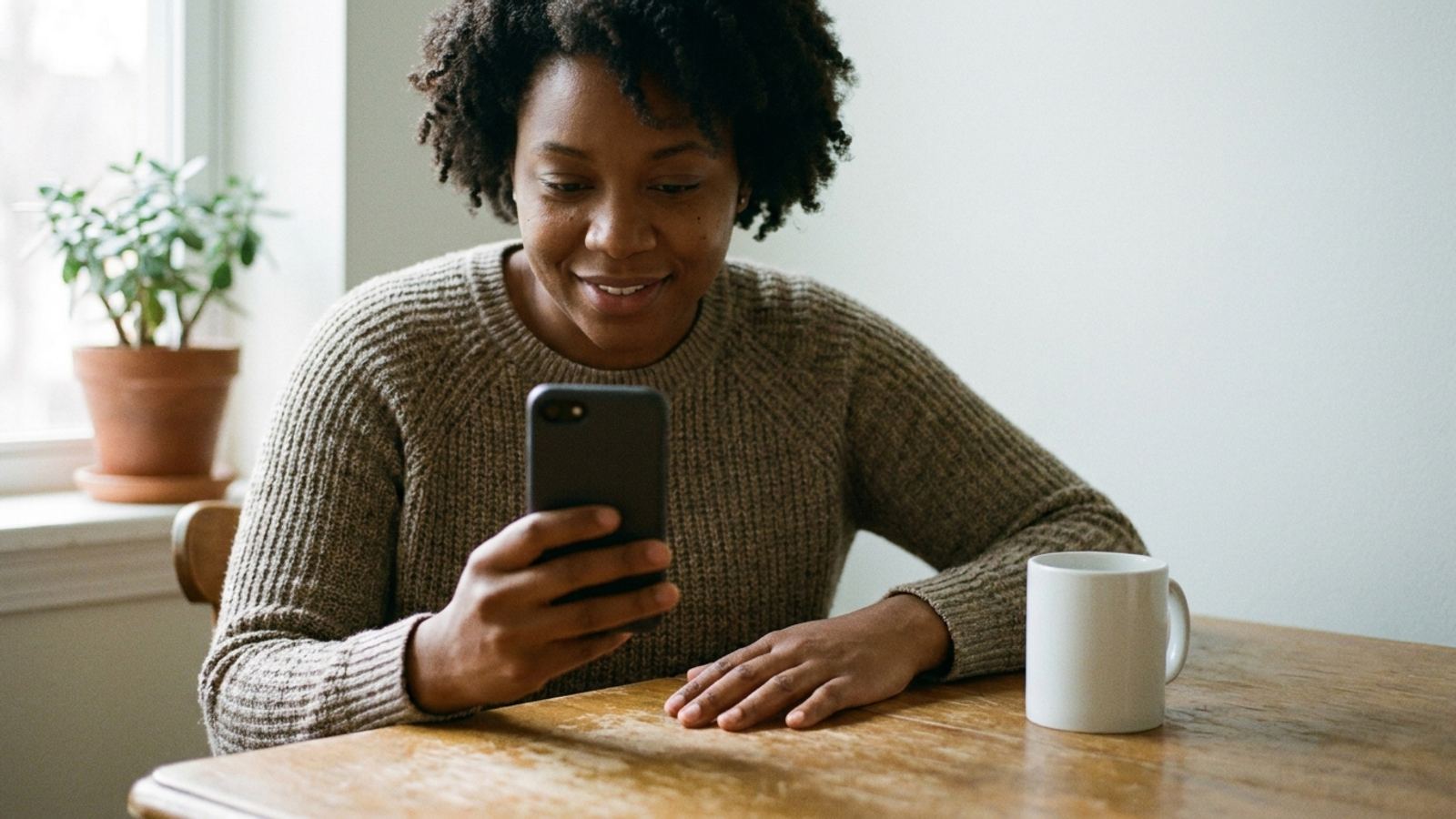 Une femme sourit en regardant son téléphone, assise à la table de sa cuisine avec une tasse de café.
