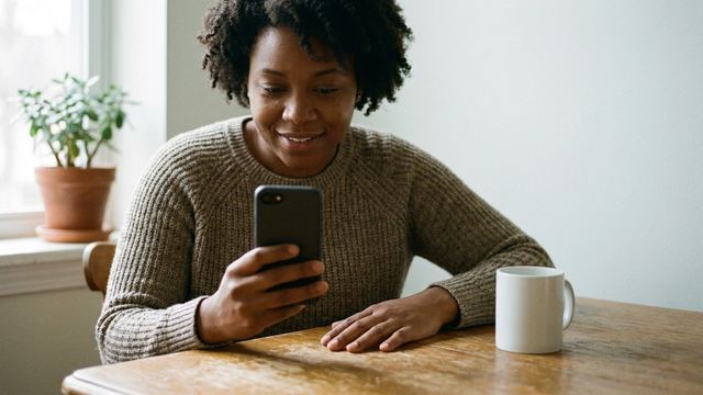 Une femme sourit en regardant son téléphone, assise à la table de sa cuisine avec une tasse de café.