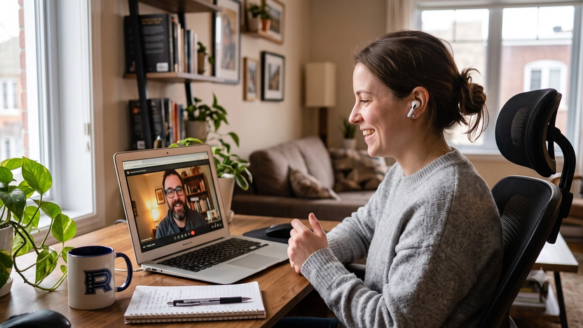 Una mujer sonriente en su escritorio en casa, con auriculares inalámbricos blancos, hablando en una videollamada en su portátil.