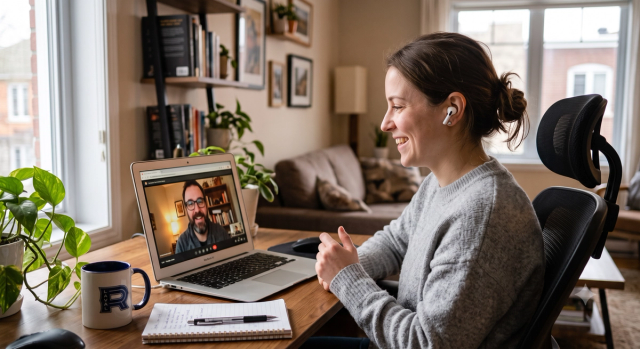A smiling woman at her home desk, wearing white wireless earbuds and talking on a video call on her laptop.