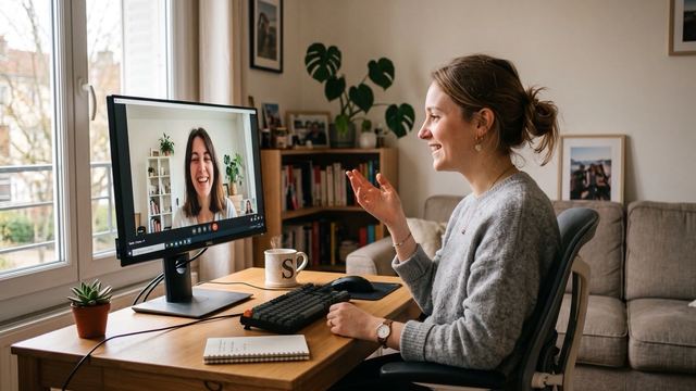 Une femme assise à son bureau, la main levée en pleine phrase, sourit à une autre femme qui rit sur l’écran de son ordinateur.