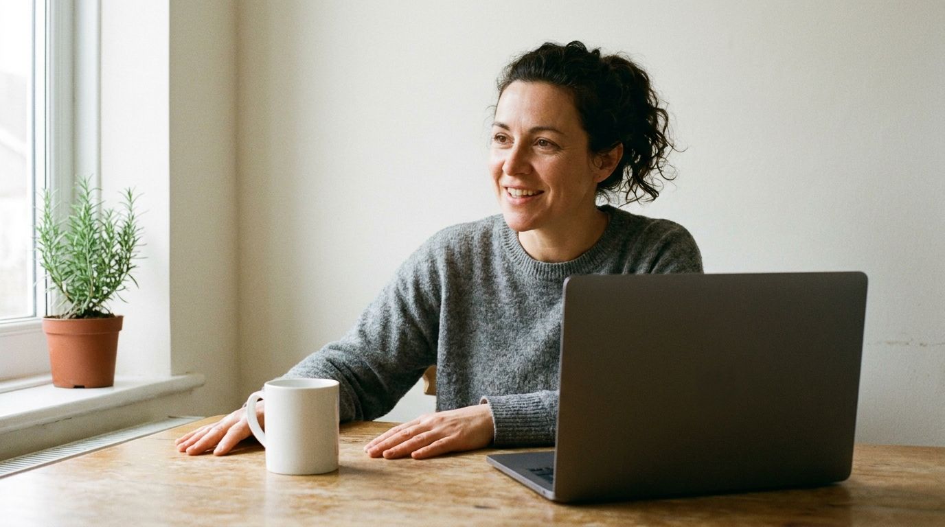 Une femme souriante devant son ordinateur portable à la table de sa cuisine, une tasse posée à côté d'elle.