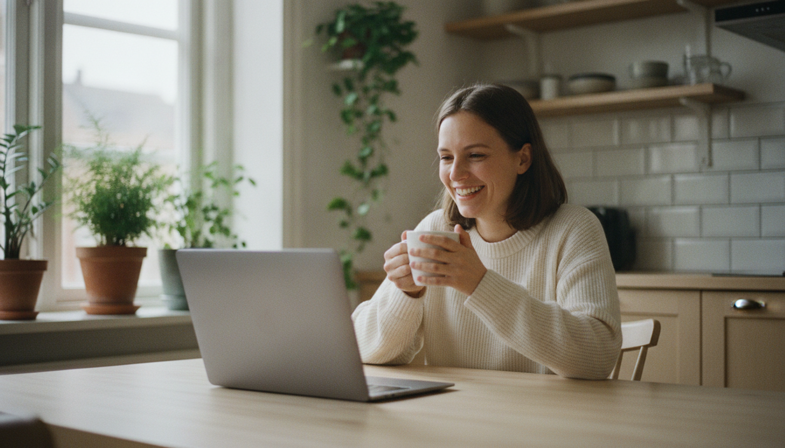 A smiling woman holding a mug, on a video call on her laptop at her kitchen table.