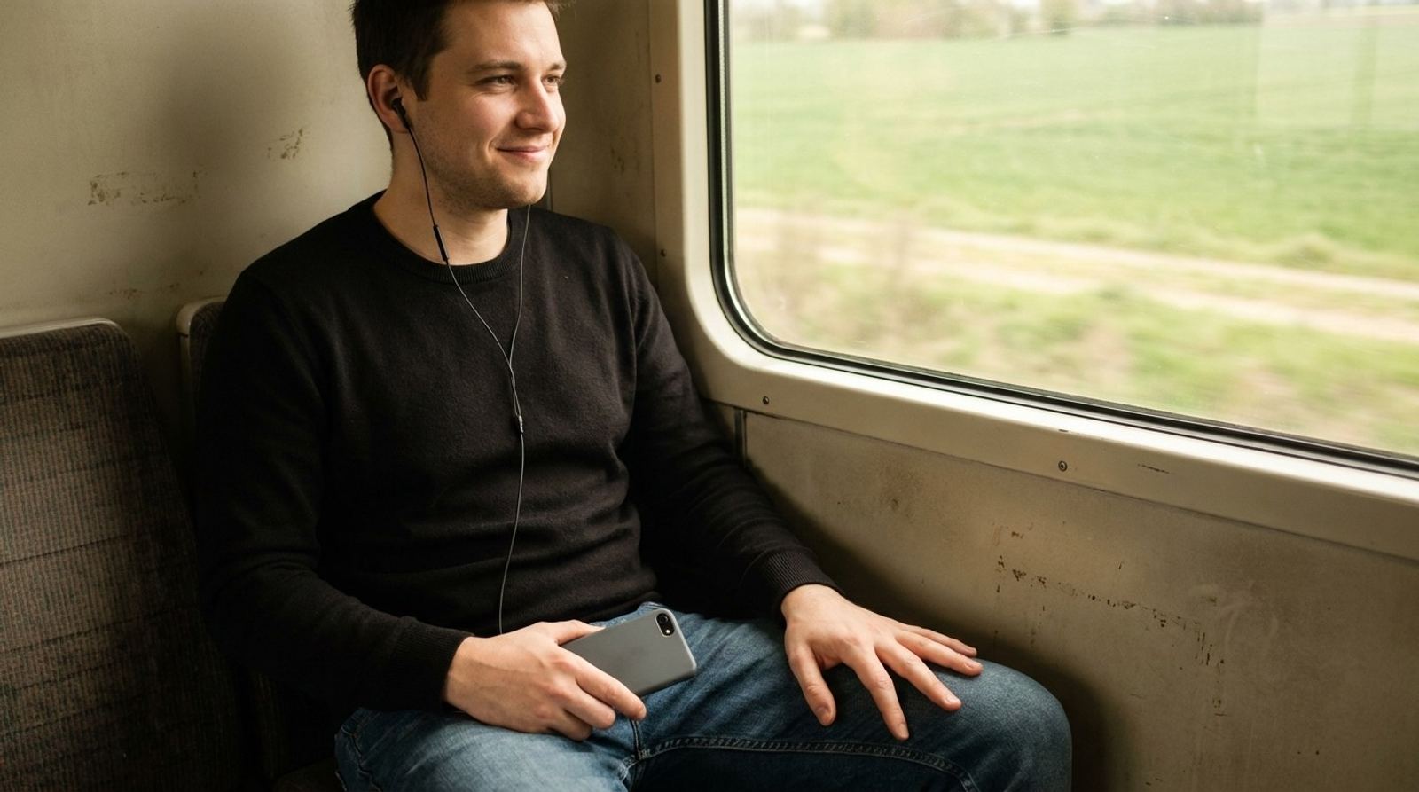 A young man sits by a train window, earbuds in, his phone resting on his knee and one hand flat on his thigh.