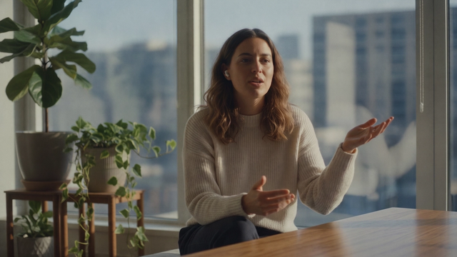 A woman wearing an earbud, sitting by a large window, talking and gesturing with both hands.