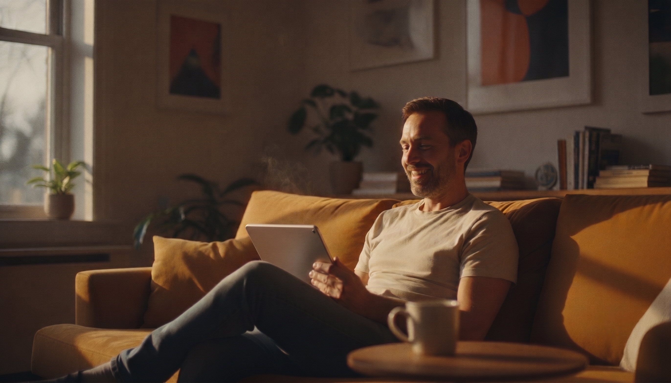 Un homme souriant, installé dans le canapé de son salon au soleil couchant, en appel vidéo sur sa tablette.