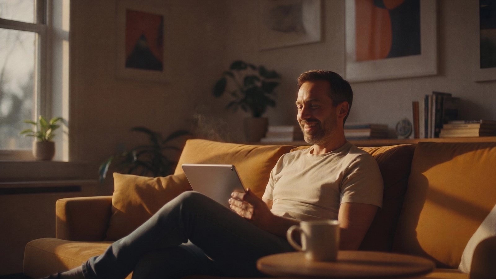 A smiling man on his living room sofa at sunset, on a video call on his tablet.