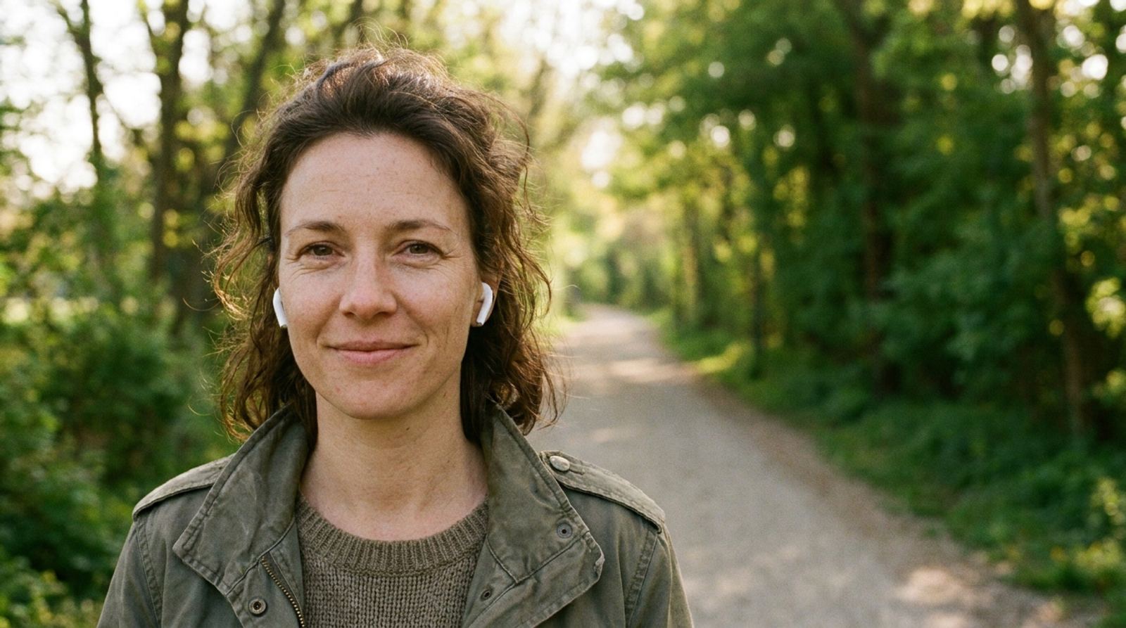 A woman listening through earphones on a walk along a wooded path.