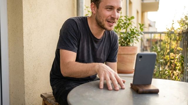 A smiling young man on his balcony, talking to his phone propped on a stand.