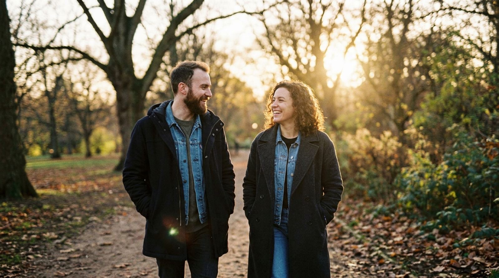 Un homme et une femme discutent en marchant dans un parc, à contre-jour en fin de journée.